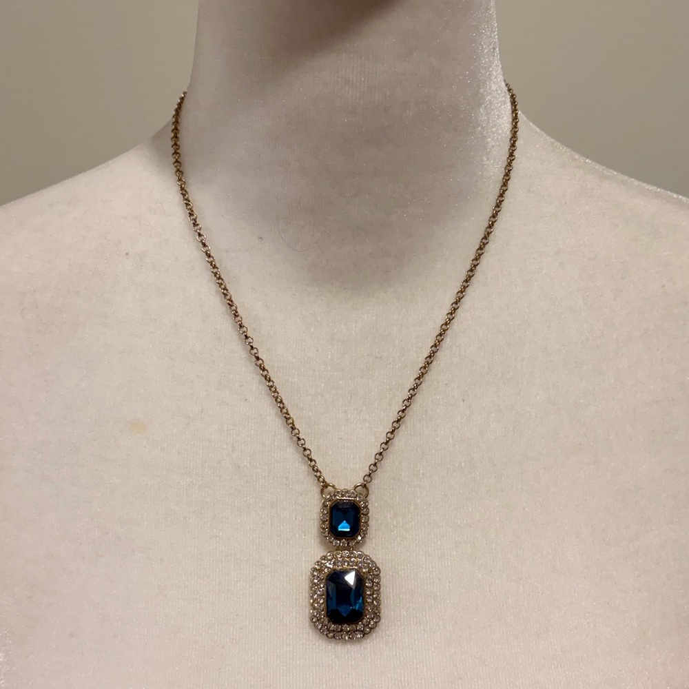 Monet JcPenney Bauble Bar Blue and Gold Rhinestone Necklace